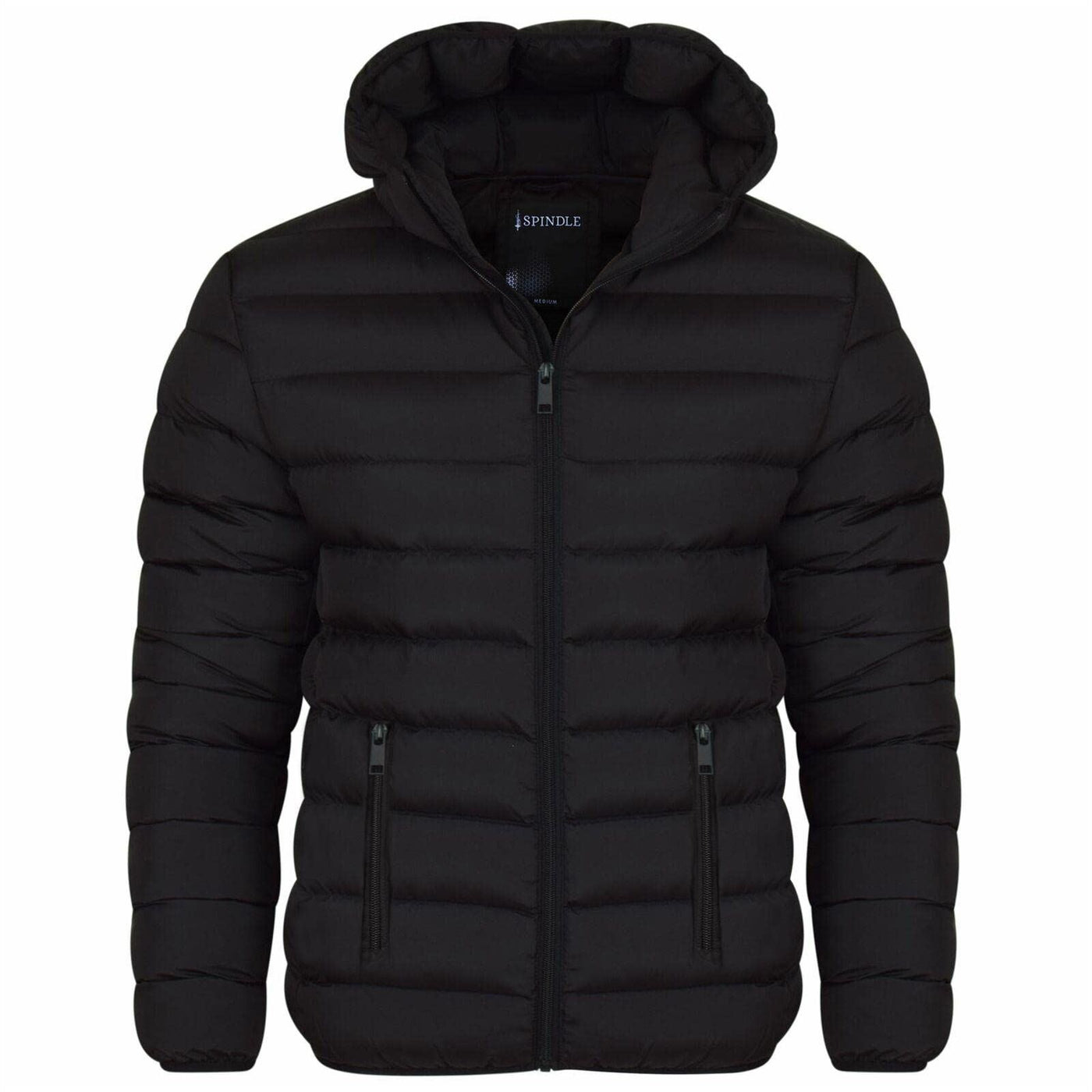 Spindle Mens Plain Black Hooded Padded Quilted Puffer Jacket Winter Coat 2 Zip PocketsSpindle Mens Plain Black Hooded Padded Quilted Puffer Jacket Winter Coat 2 Zip Pockets