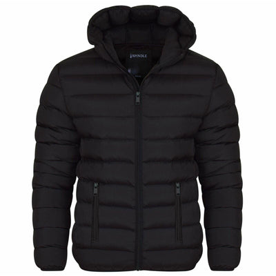 Spindle Mens Plain Black Hooded Padded Quilted Puffer Jacket Winter Coat 2 Zip PocketsSpindle Mens Plain Black Hooded Padded Quilted Puffer Jacket Winter Coat 2 Zip Pockets