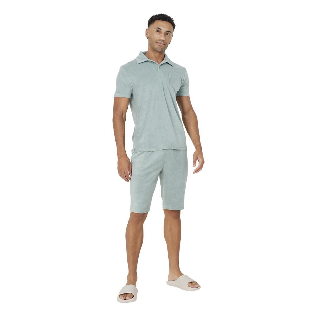 Brave Soul Mens Towelling Fabric Short and Polo T Shirt Set Soft Textured Smart Tracksuit Holiday Loungewear Chic Suede Style Outfit
