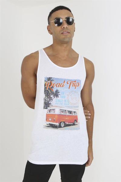Mens Beach Holiday Camper Road Trip Graphic Vest Sleeveless Tank Top 100% Cotton Undershirt Gym Holiday Classic Top