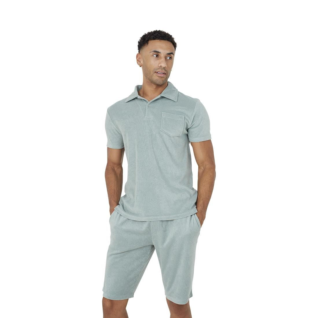 Brave Soul Mens Towelling Fabric Short and Polo T Shirt Set Soft Textured Smart Tracksuit Holiday Loungewear Chic Suede Style Outfit